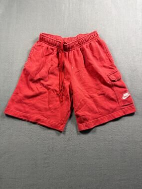 Nike Club Cargo Shorts Mens Small S Red Fleece Sweat Shorts Drawstring Flap Pock